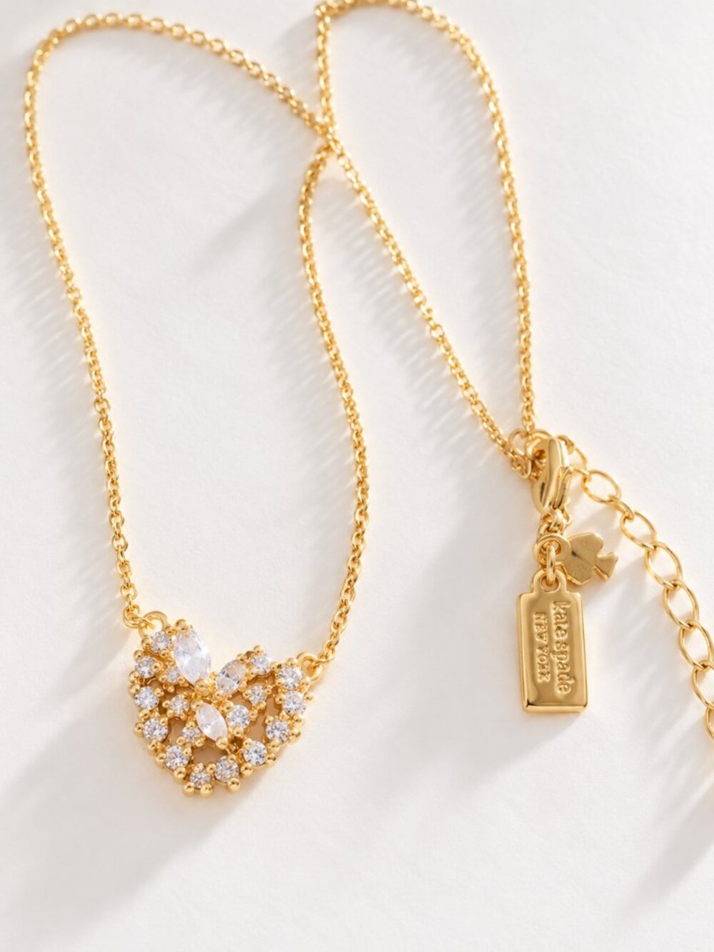 Kate Spade Gold Crystal Bow Necklace Delicate Rhinestone Pendant